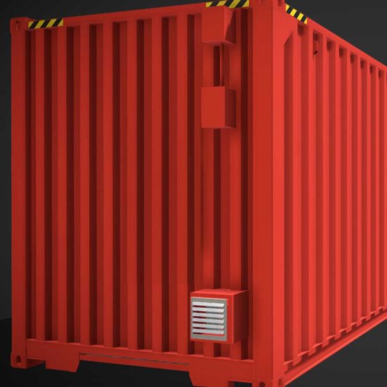 Mechanical air ventilation on hazardous chemical storage connex shipping container provides EPA compliance.