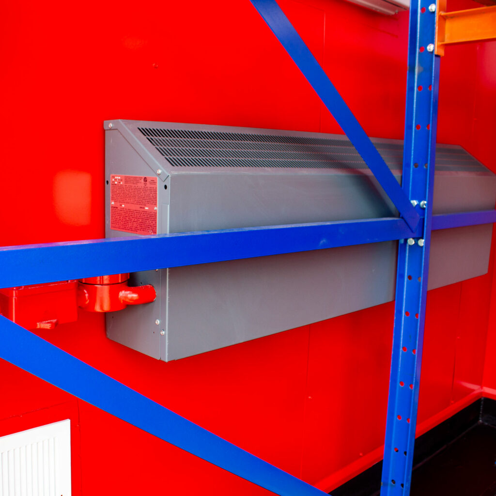 Tote Storage interior with racks and air conditioning unit