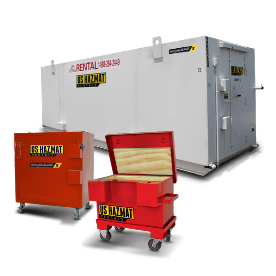 Three explosive magazine storage units in a group