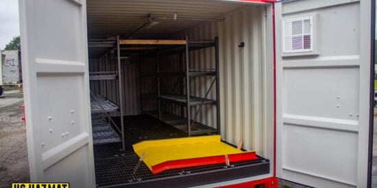 Prefabricated converted connex shipping container with Spill Containment, Climate Control, Lighting, and Ventilation. Premium modular chemical storage buildings for short or long-term rentals. Ensure your materials are safe and compliant with OSHA, EPA, and NFPA standards. Perfect for your bunded storage needs.