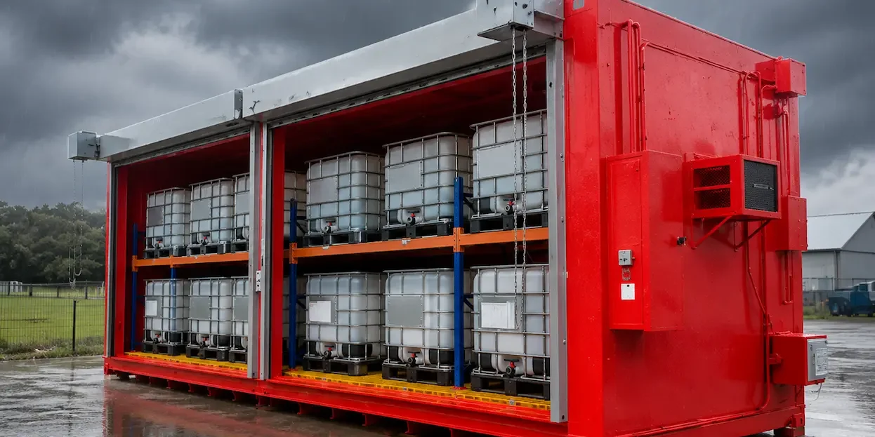 Weatherproof Bulk Storage Protecting Outdoor Chemical Tote Storage Areas
